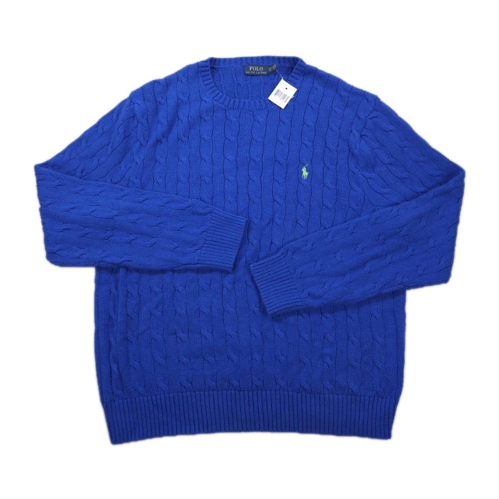 New Polo Ralph Lauren Sweater Mens 2XL XXL Blue Cable Knit Pullover Pony Logo